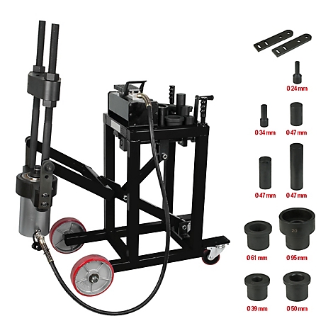 Schwarzes Werkzeug zum Biegen von Metallrohren, mit Zubehör und Rädern.